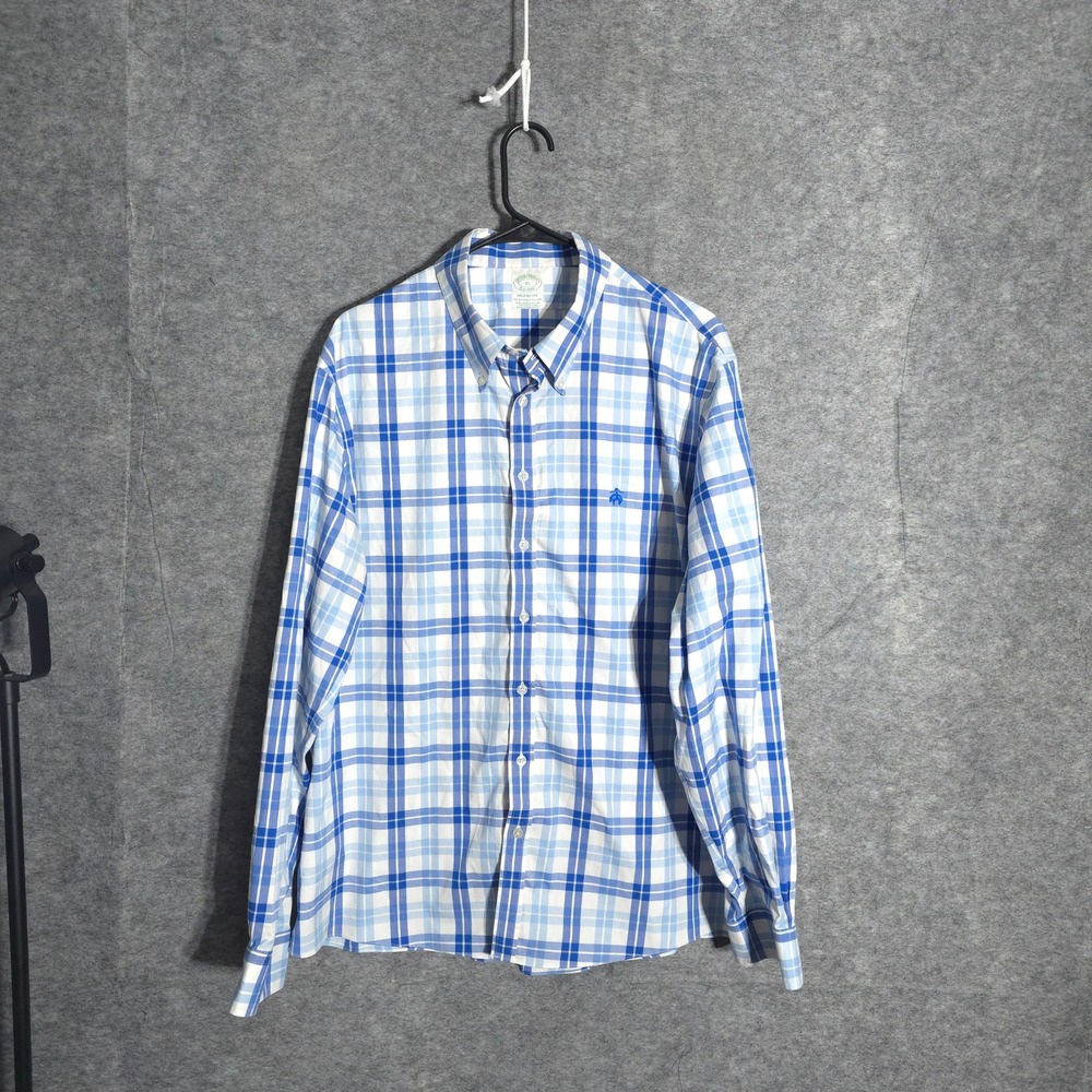 Brooks Brothers Mens XL Blue Plaid Milano Fit Supima Cotton Non-Iron Shirt